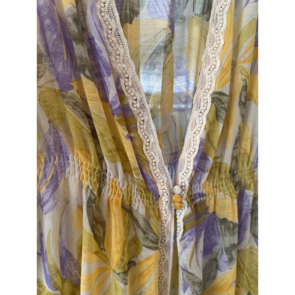 Yellow & Purple Floral Sheer Kimono Cover-Up With Lace Trim Loungewear - Picture 2 of 6